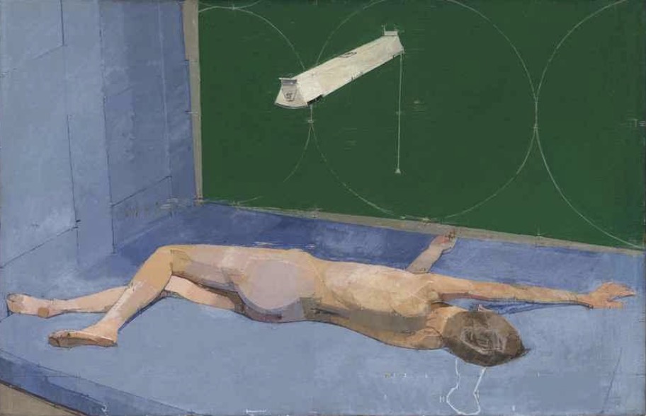 A figure lies supine in a geometric space with a green chalkboard and ceiling fixture